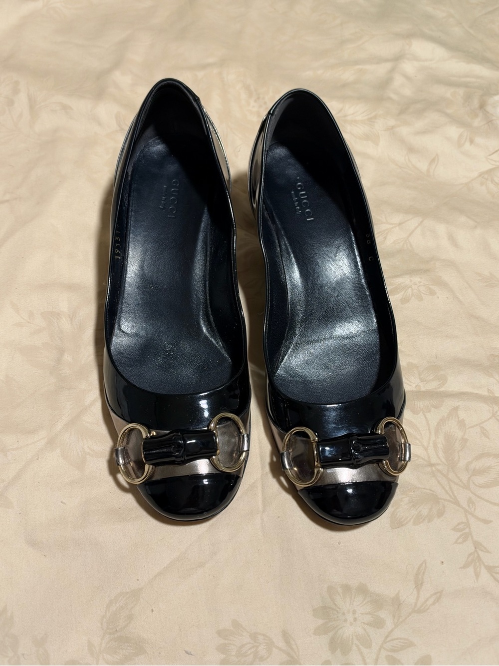Gucci Black Patent Leather Block-heel Pumps Bamboo Horsebit Hardware